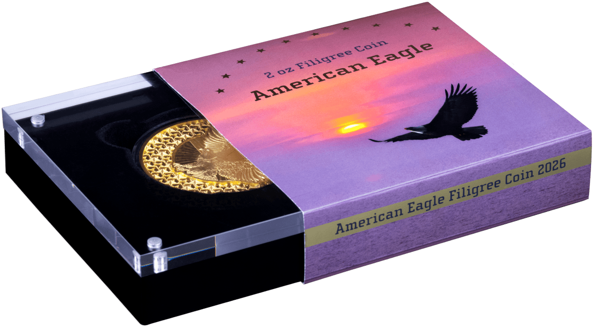 Gold American Eagle coin in protective display case, collectible coin from 2026.