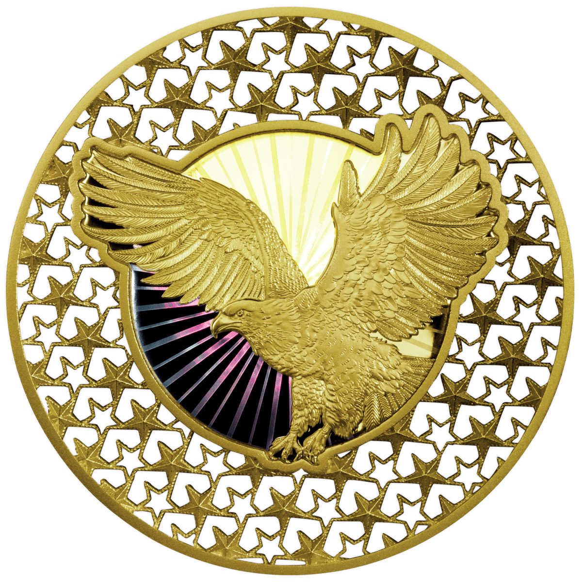 Golden eagle coin with intricate geometric background for luxury crypto or NFT branding.