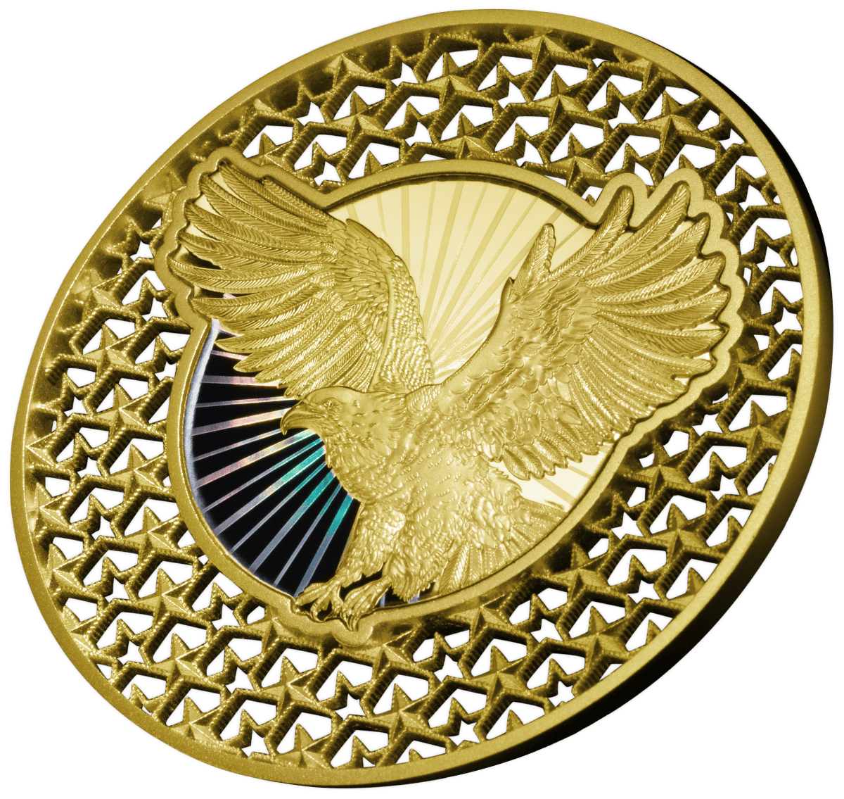 Gold eagle coin with intricate lattice border and detailed eagle design – collectible investment.