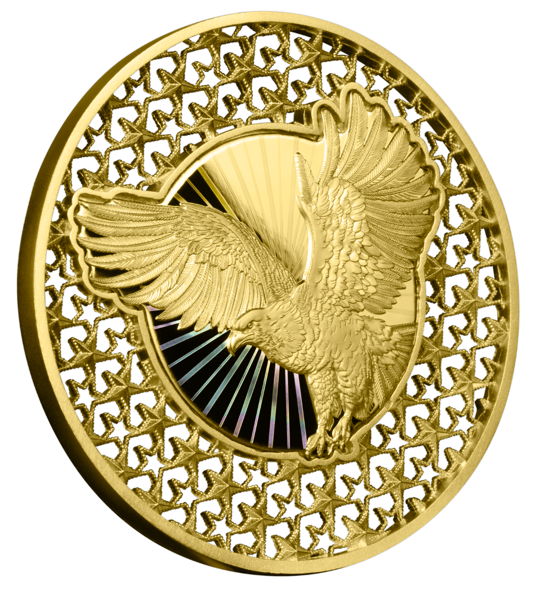 Gold coin featuring an intricate eagle design, symbolizing strength and luxury for collectors and investors.