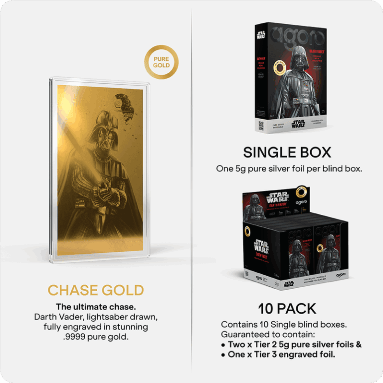 Chase Gold Darth Vader engraved in pure 0.9999 gold, collectible Star Wars foil gold card, perfect for coin and gold collectors.