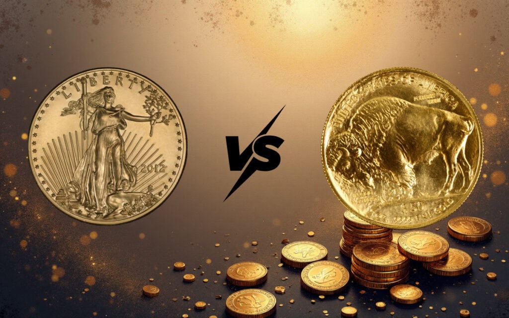 Gold coin comparison of American Eagle and American Buffalo coins, highlighting investment options.