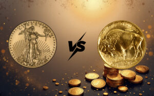 Gold coin comparison of American Eagle and American Buffalo coins, highlighting investment options.