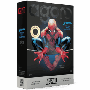 Marvel Spider-Man 2023 collectible coin box, featuring Spider-Man in a crouching pose on a black background with gold and silver accents.