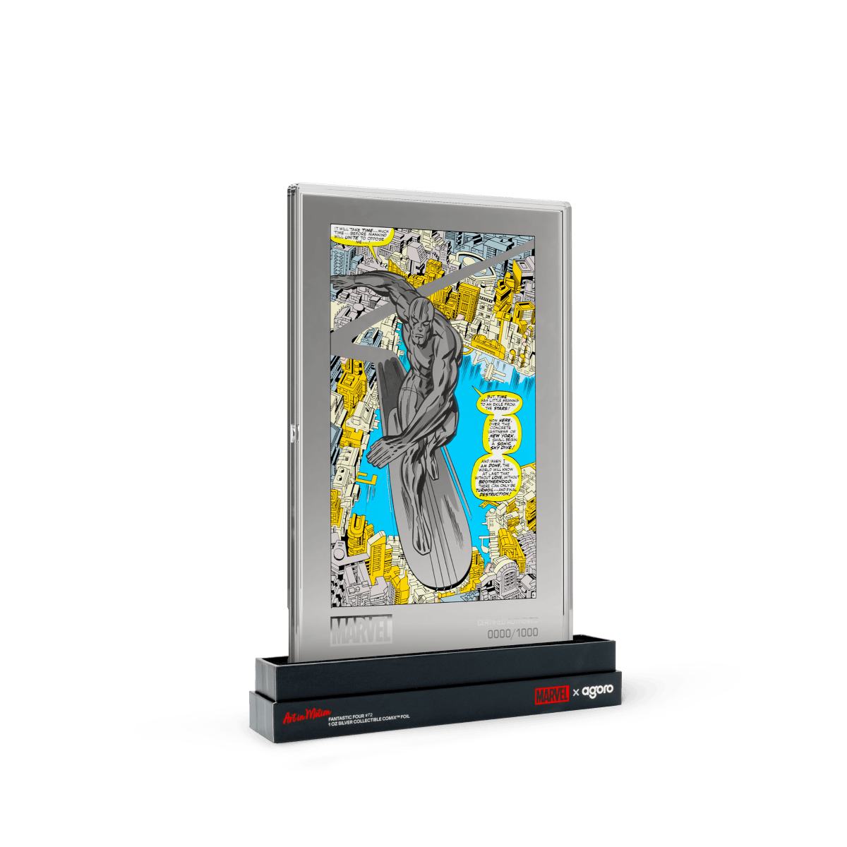 Gcr-0001-marvel-2023-silver-coin-collectible-moon-knight shiny silver coin featuring Moon Knight character from Marvel Comics, set in a sleek display case with Marvel branding, part of a limited edition series.