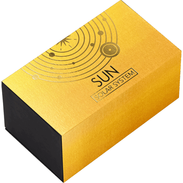 Sun solar system jewelry packaging box, celestial design, luxury eco-friendly gift box, space-inspired jewelry packaging.