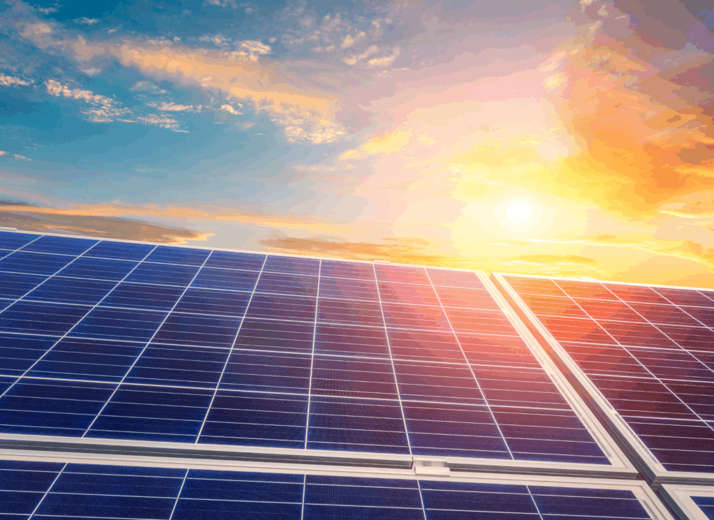 Solar panels under a vibrant sunset sky for sustainable energy at GR Reserve.