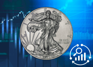 Silver dollar coin with financial chart background, representing investment and currency investment concepts.