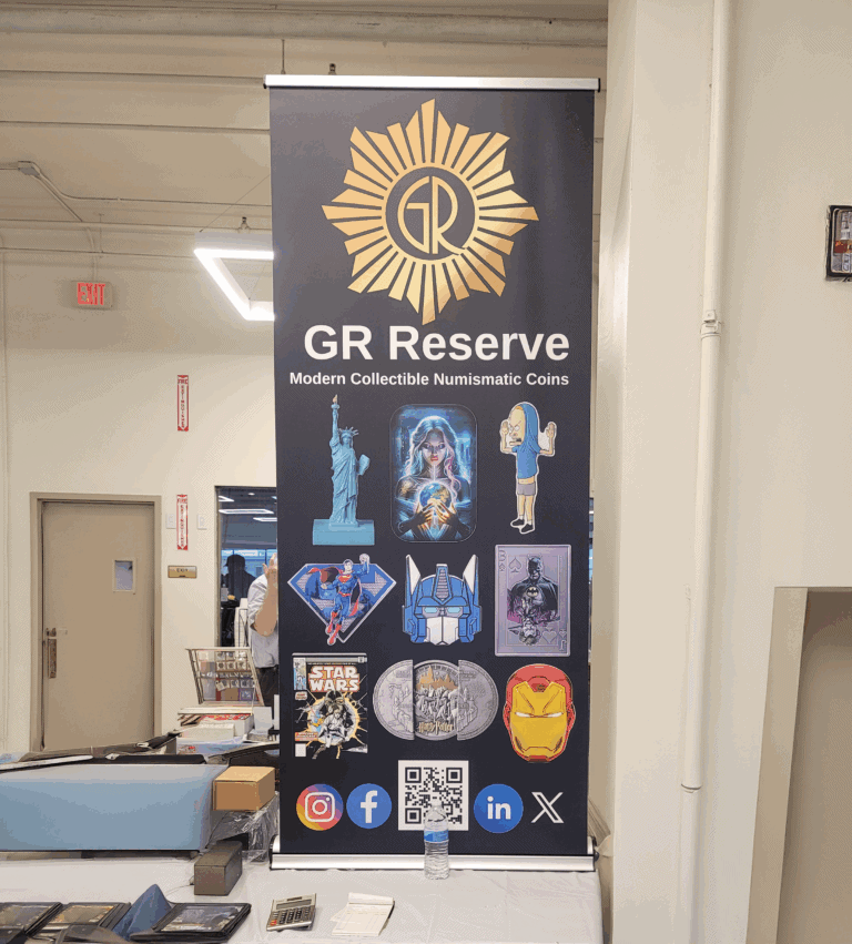 GR Reserve modern collectible numismatic coins display banner showing iconic pop culture and superhero coin designs.