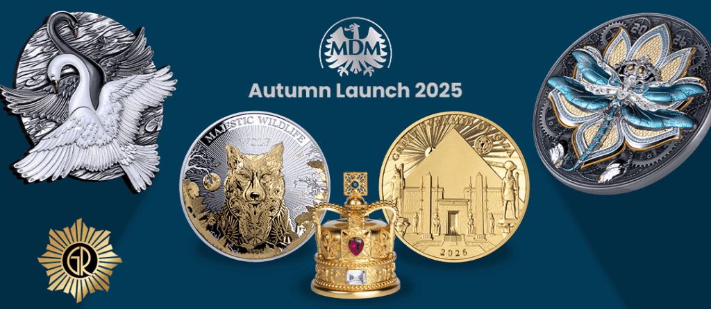 Shark and swan coin pendant jewelry design, gold and silver collectible coins, luxury jewelry and coin collection, limited edition coin collection for luxury enthusiasts, relevance.