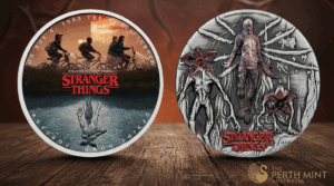 1985 Stranger Things collectible coin featuring characters riding bikes, with upside-down reflection and branding on the front.