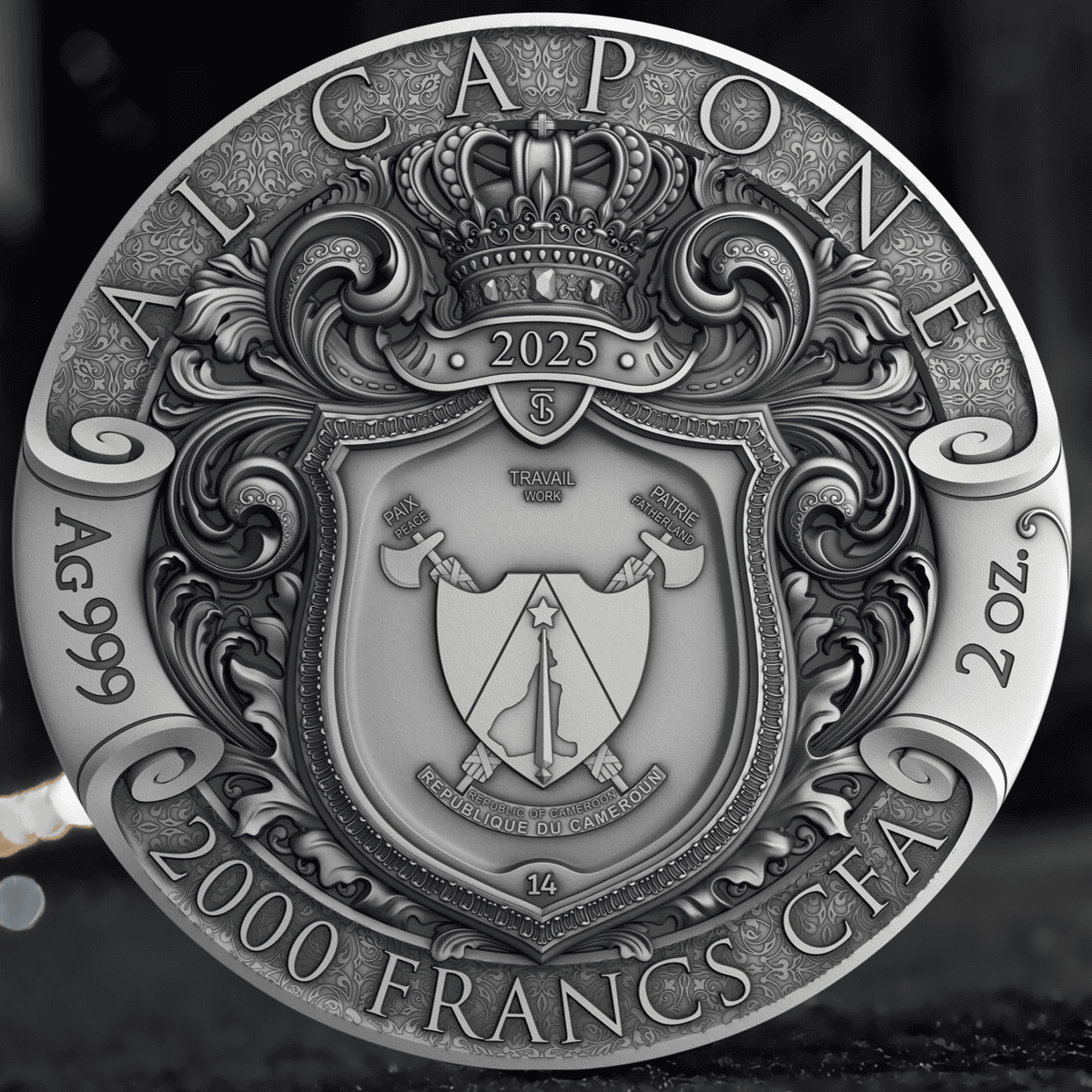 Intricate 2025 Cameroon Silver Coin featuring Al Capone, high-relief design, antiqued finish, and social themes.