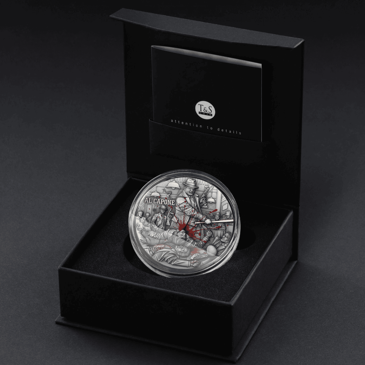 2025 Cameroon Empires of Crime Al Capone 2 oz Silver Antiqued High Relief Coin GR Reserve Box.