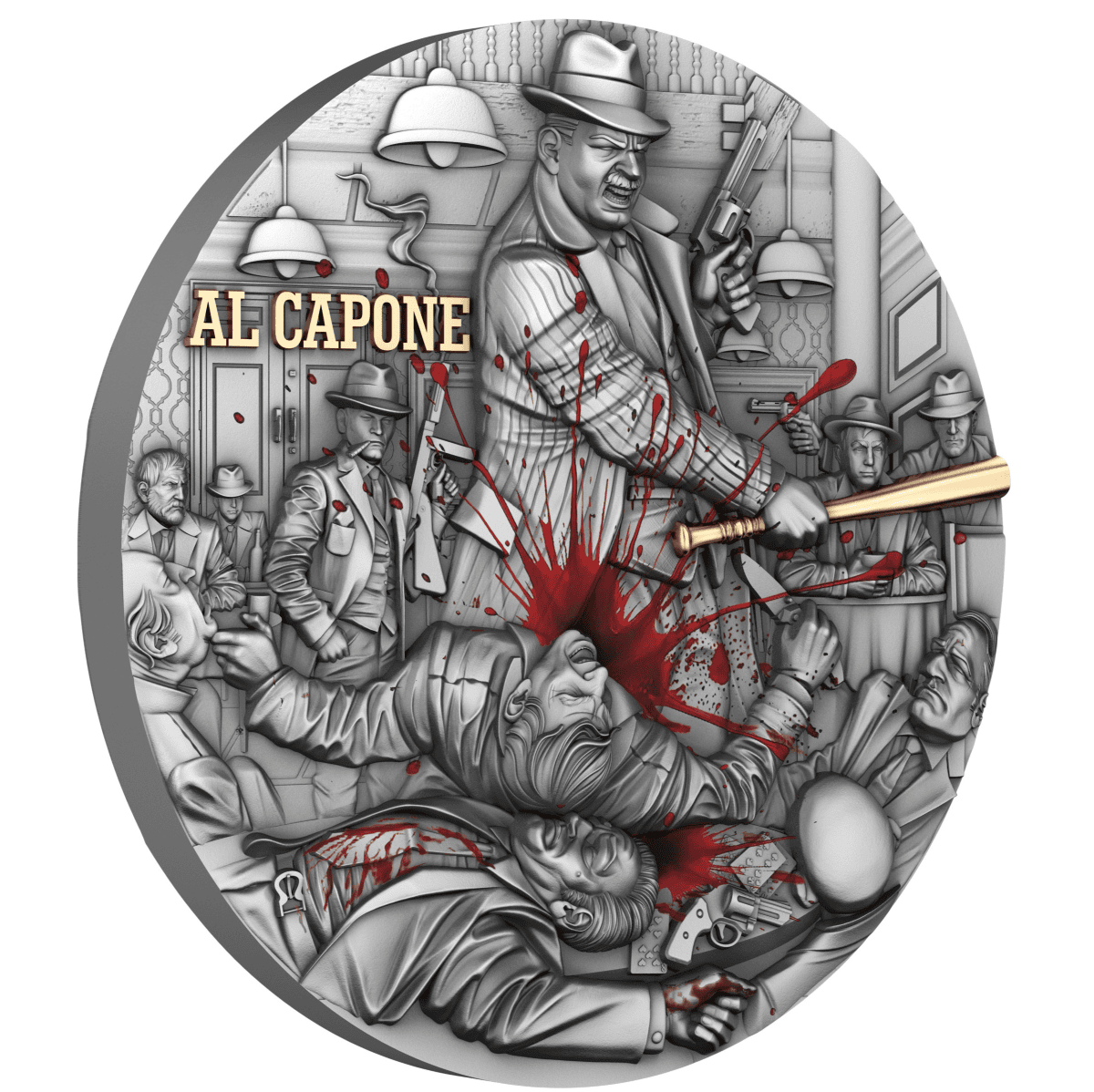 Al Capone depicted in a high-relief silver coin scene with a gun and violence.