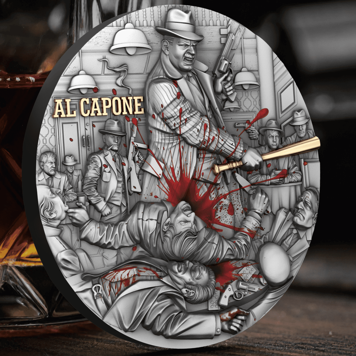 Al Capone silver coin with high relief design depicting a crime scene scene.