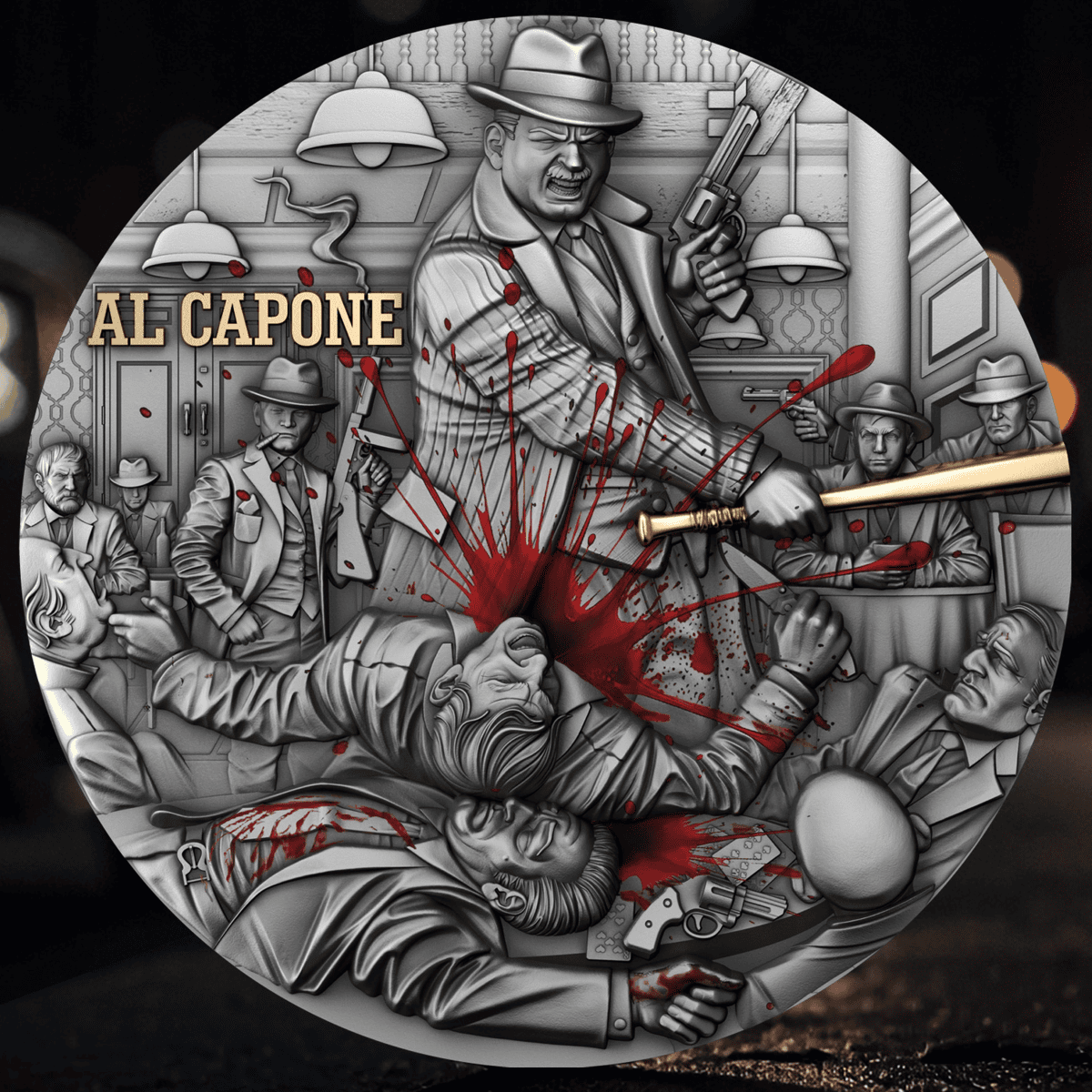 Al Capone 2 oz Silver Antiqued High Relief Coin with detailed crime scene artwork.