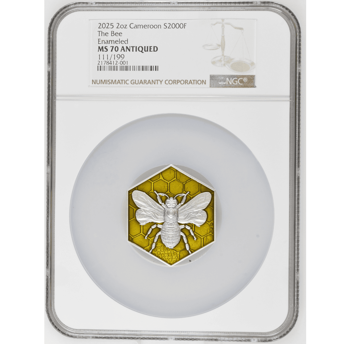 Enamelled 2025 Cameroon The Bee 2 oz Silver Coin graded MS 70 by NGC in a sealed case.