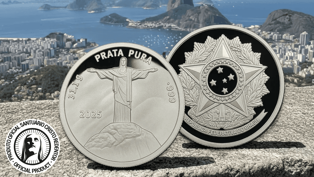High-angle view of the 2025 Cristo Redentor 1 oz Silver Bullion Round with detailed engravings, set against a Rio de Janeiro cityscape background.