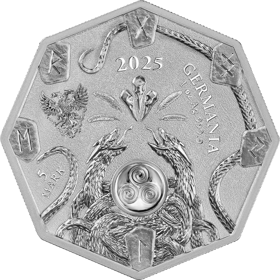 Shiny silver 2025 Germania witchcraft herbalist 1 oz octagonal coin with intricate dragon design and German symbols.