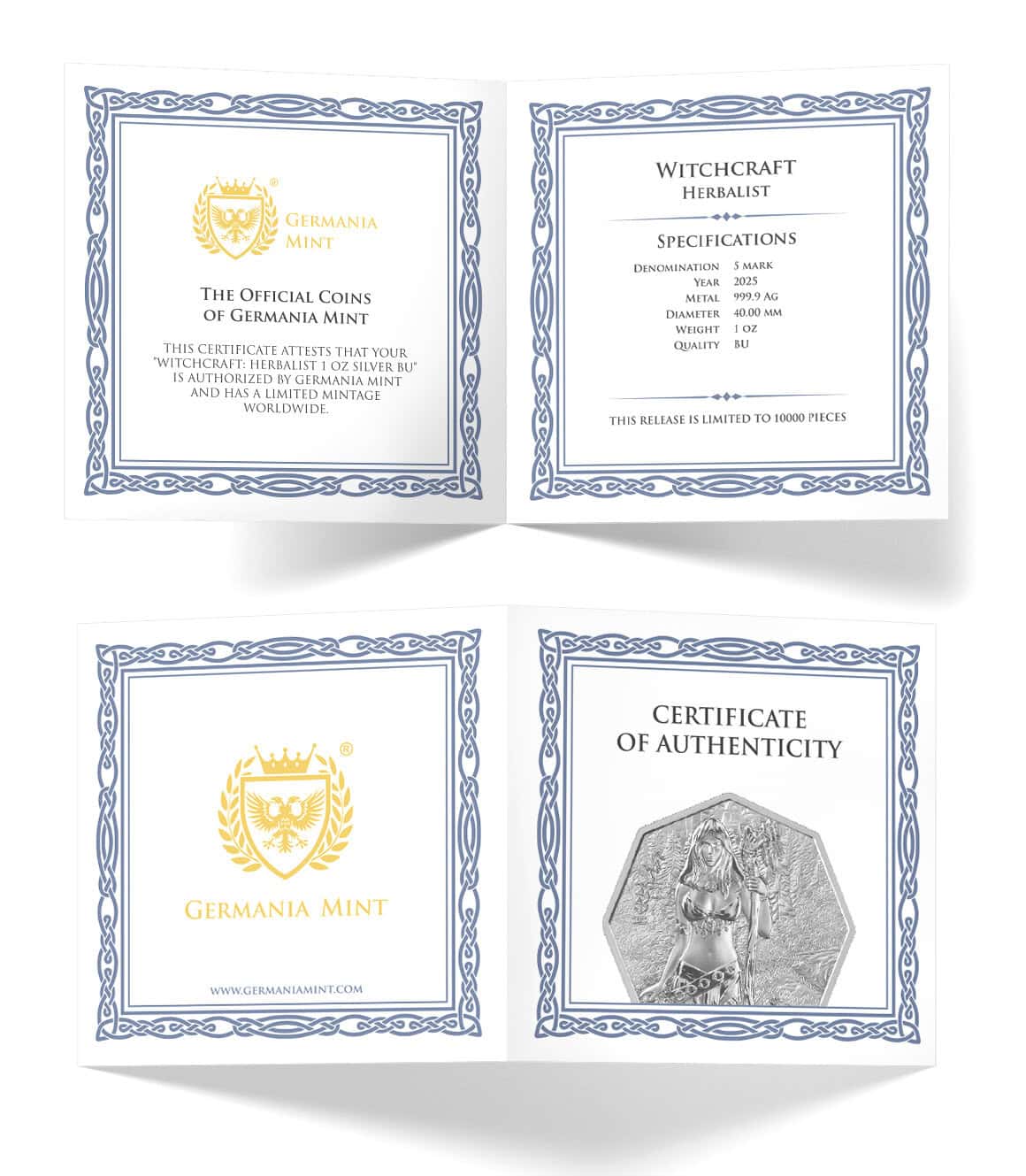 1. Germanian mint 2025 witchcraft herbalist silver coin, octagonal, 1 oz, BU, certified, limited edition, worldwide.