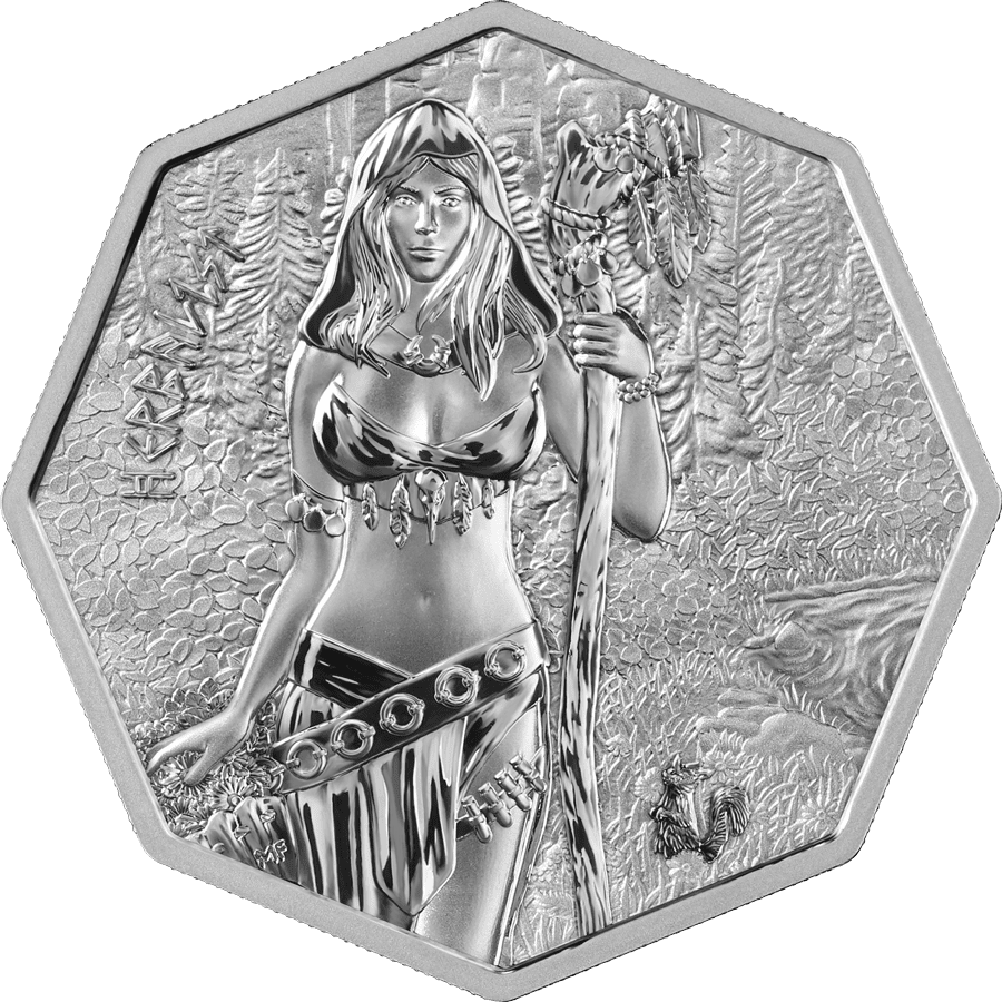 Intricate 2025 Germania Witchcraft herbalist 1 oz silver octagonal coin showcasing a witch in nature scene.