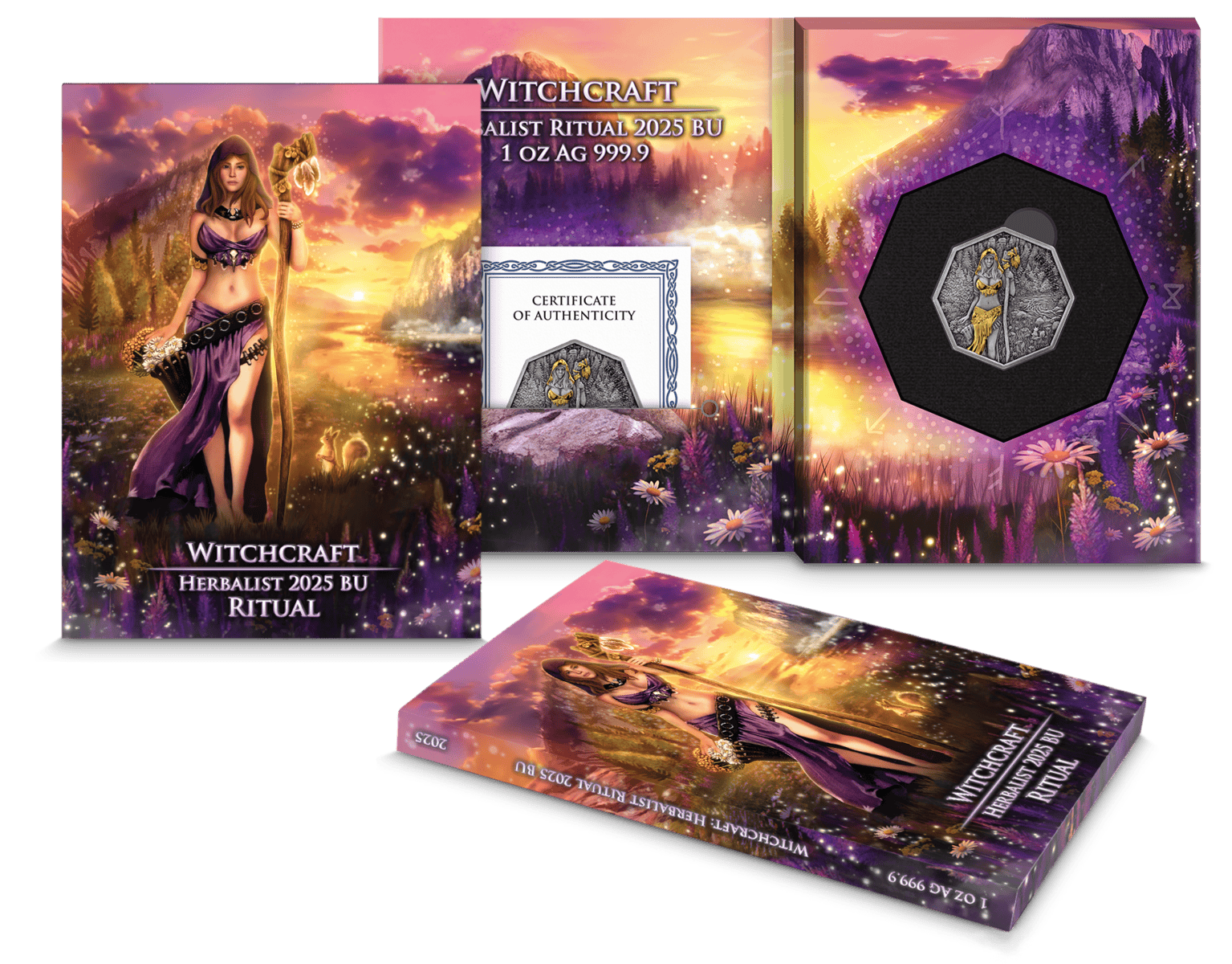 Herbalist 2025 BU Ritual 1 oz Silver antiqued gilded octagonal coin with packaging and certificate for witchcraft and herbalism enthusiasts, collectible.