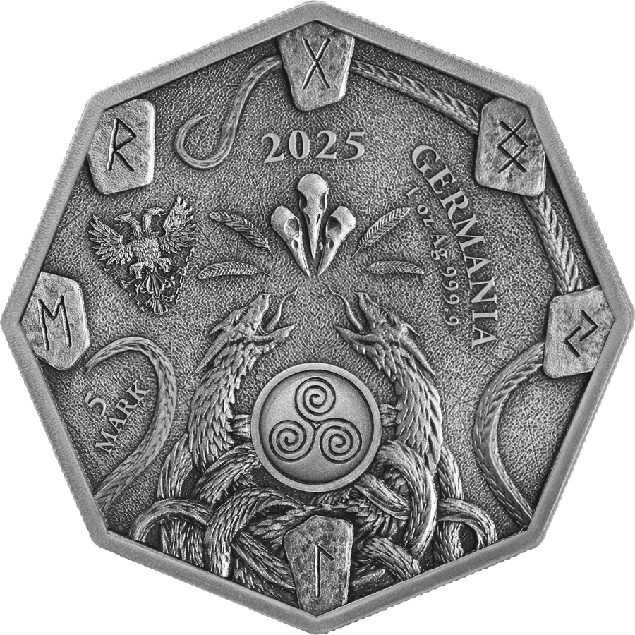 Silver coin featuring gothic witchcraft symbols and intricate dragon designs with detailed engravings.