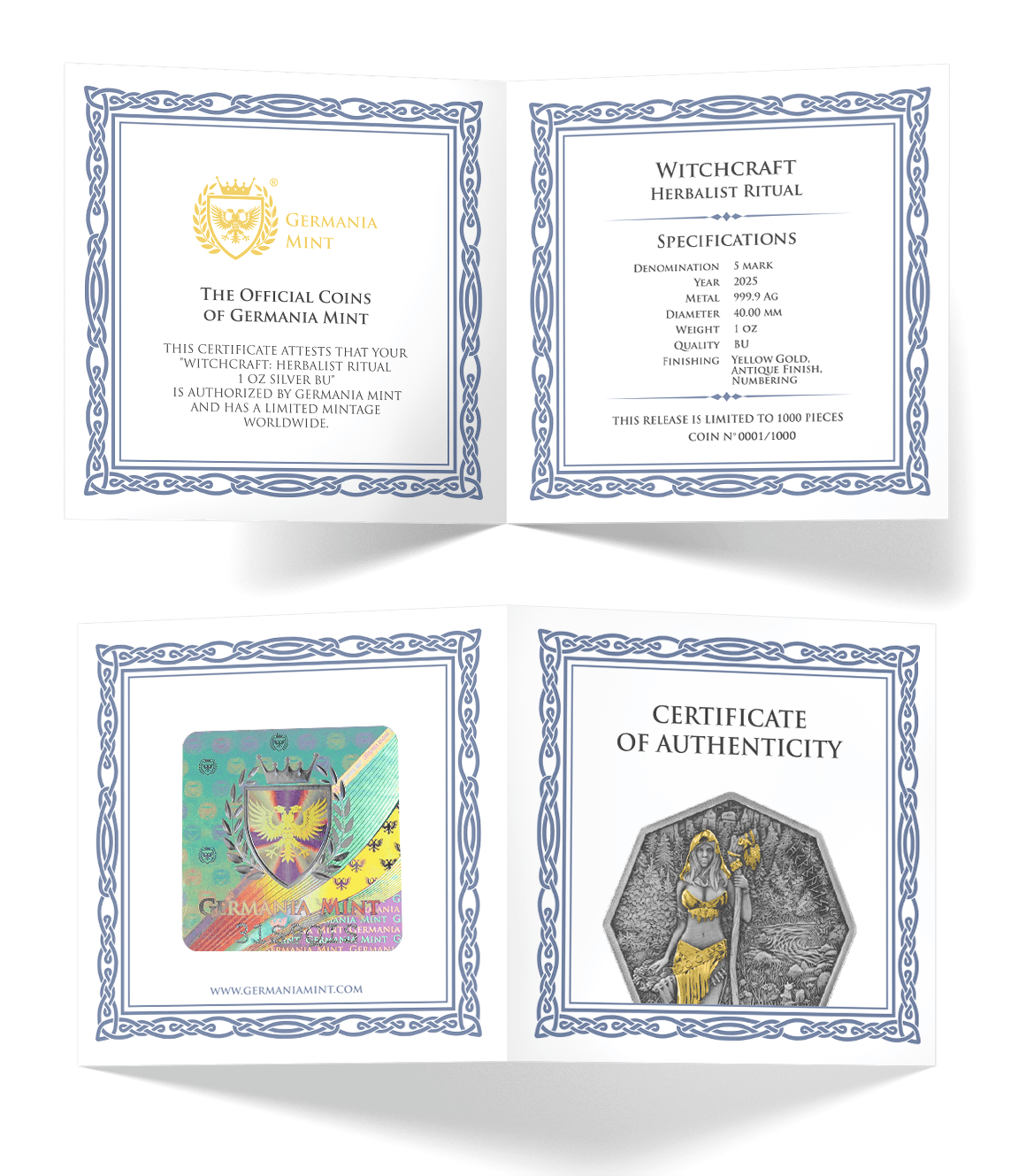 Genuine 1 oz antiqued gold-plated octagonal coin featuring witchcraft herbalist ritual design with certification and packaging.