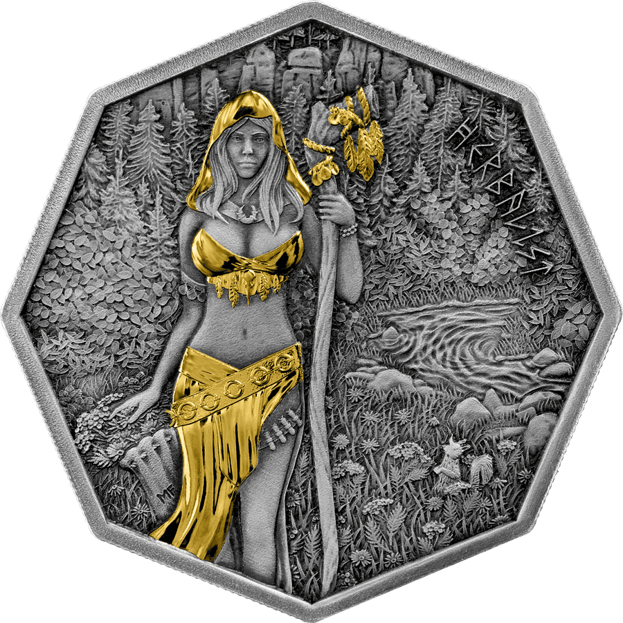 Handcrafted silver coin featuring a witchcraft herbalist in antiqued and gilded details, with a forest scene background.