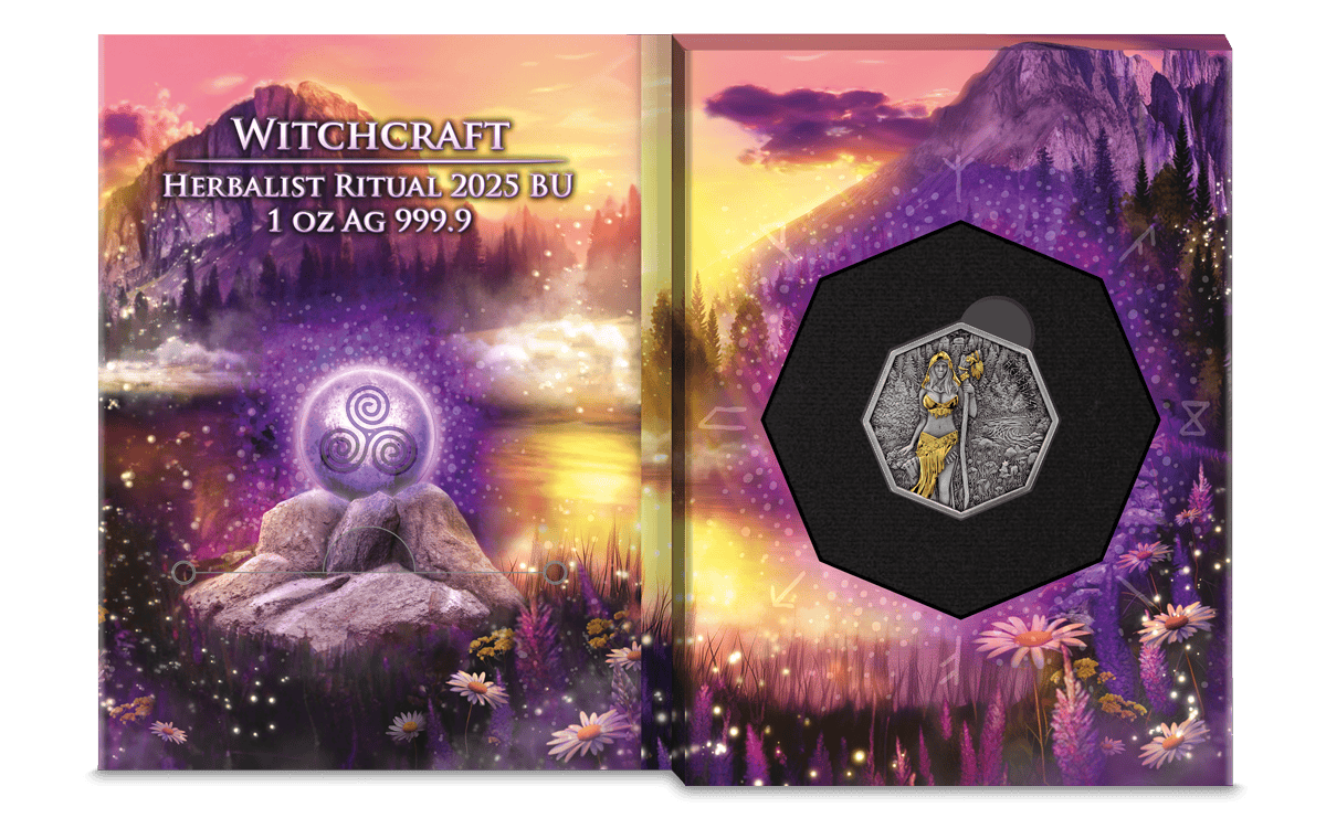 2025 Germania Witchcraft Herbalist Ritual 1 oz Silver Antiqued Gilded Octagonal Coin GR Reserve Inside.