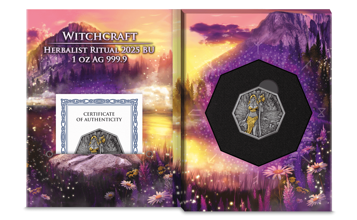 2025 Germania Witchcraft Herbalist Ritual 1 oz Silver Antiqued Gilded Octagonal Coin GR Reserve Open.