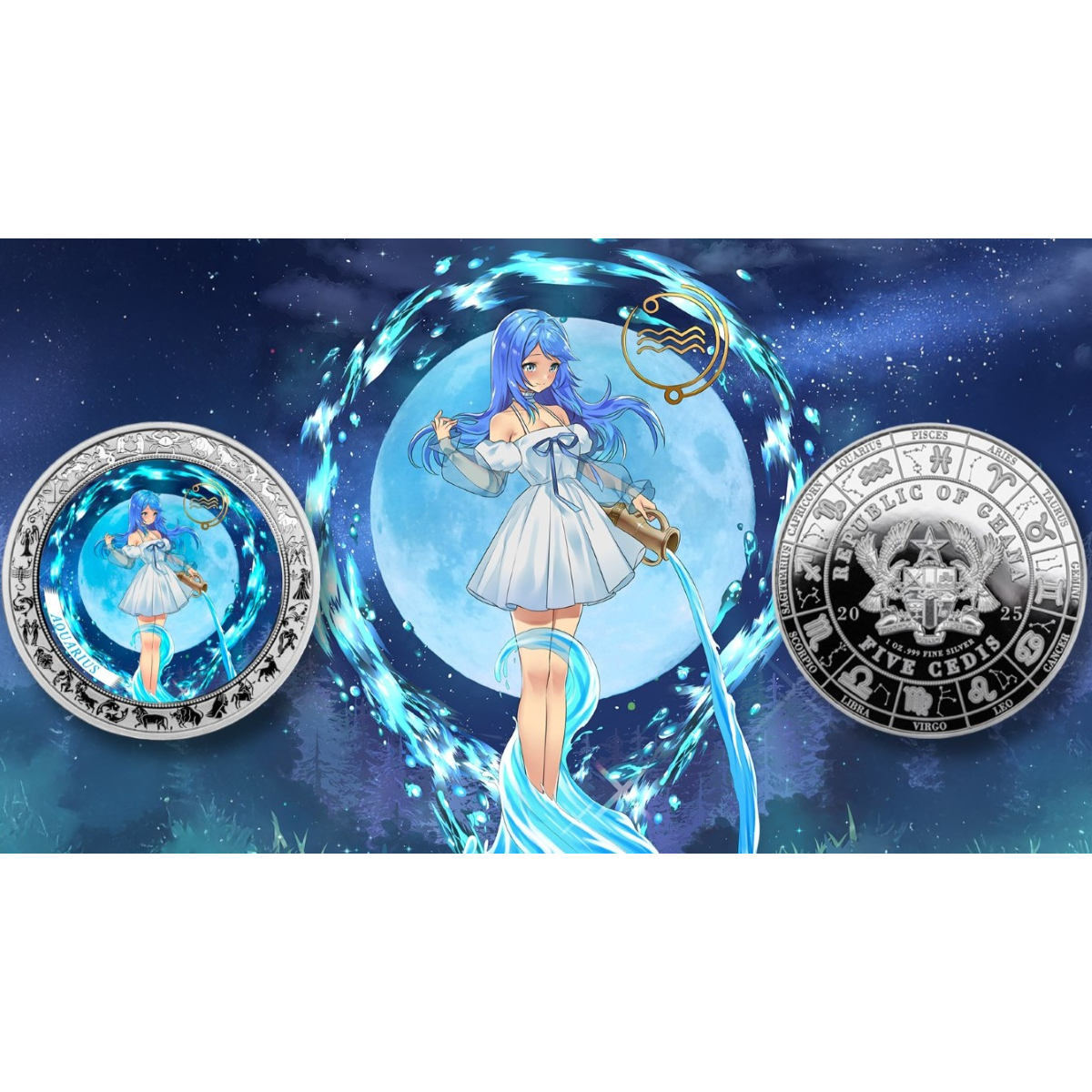 2025 Ghana Zodiac Aquarius Anime 1 oz Silver Proof Coin