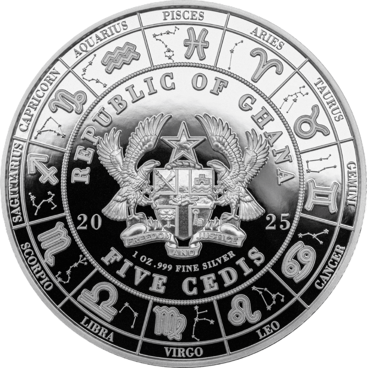 Shiny silver coin featuring the Ghanaian coat of arms, zodiac symbols around the rim, and inscriptions of the country and silver content.