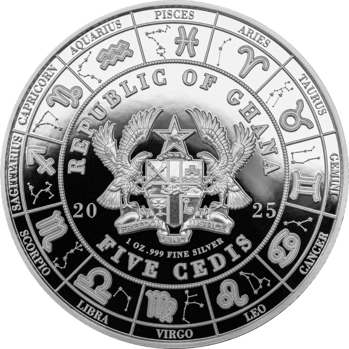 Ghana zodiac Scorpio 1 oz silver colorized proof coin with detailed constellation and emblem design.