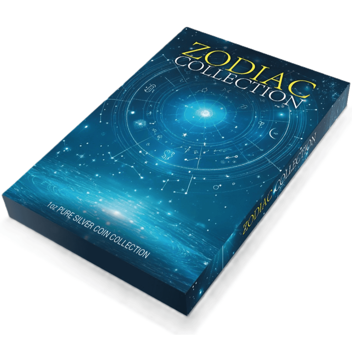 Stunning image of the Zodiak Collection 1 oz Silver Colorized Proof Coin box with zodiac symbols and celestial design.