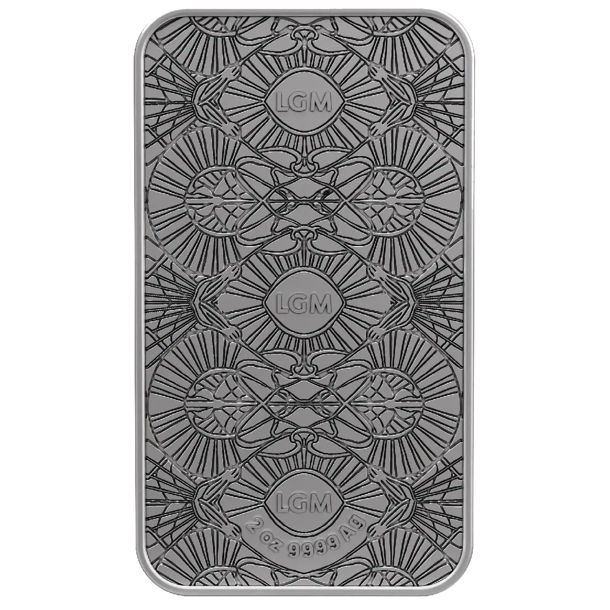 Intricate silver bar featuring symmetrical geometric patterns with "LGM" engravings and high polish finish.