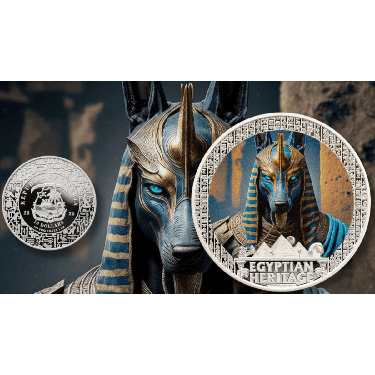 Intricate Egyptian heritage design on colorized 1 oz silver proof coin featuring Anubis with a blue and gold pharaoh mask theme.