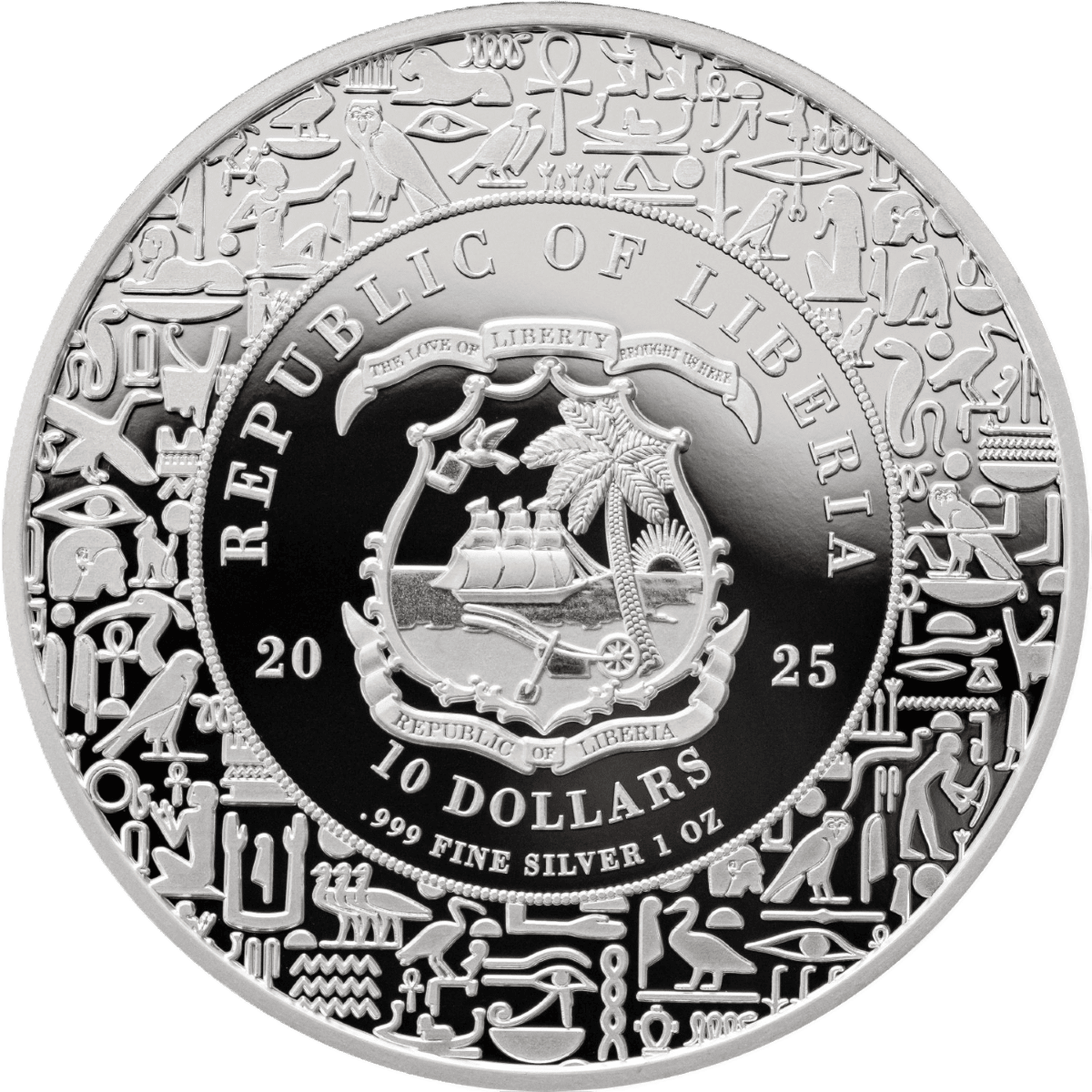 Ancient Egyptian hieroglyphs surrounding a detailed coin featuring Liberia's coat of arms on a silver proof coin.
