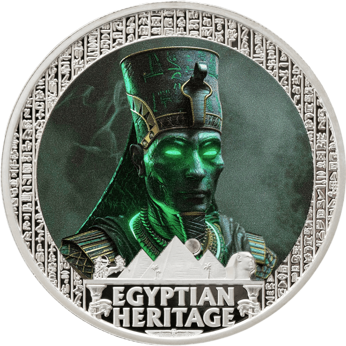Ancient Egyptian queen with glowing green face, wearing traditional headdress on a colorized silver proof coin.