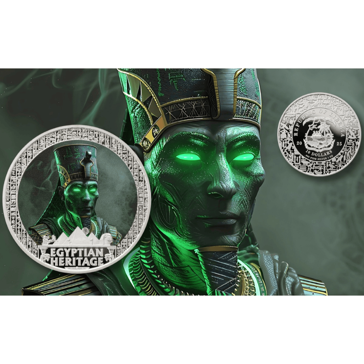 Eerie green glowing face of an Egyptian deity-themed silver coin with intricate design details and vibrant colorization.