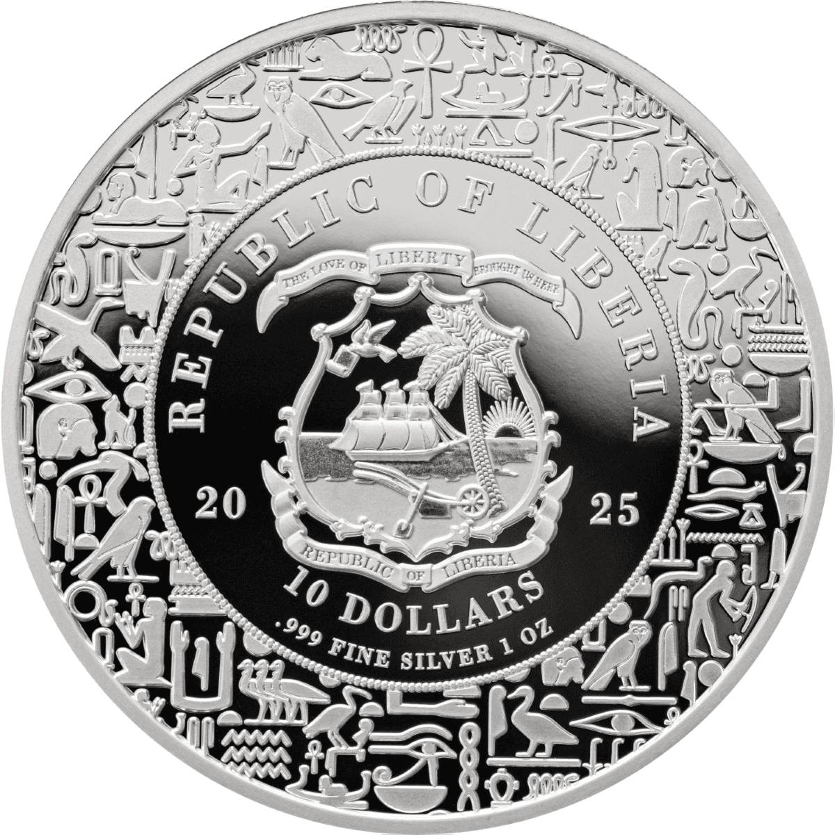Intricate Liberia heritage coin featuring Sekhmet, 1 oz silver colorized proof with detailed Egyptian symbols and vibrant accents.