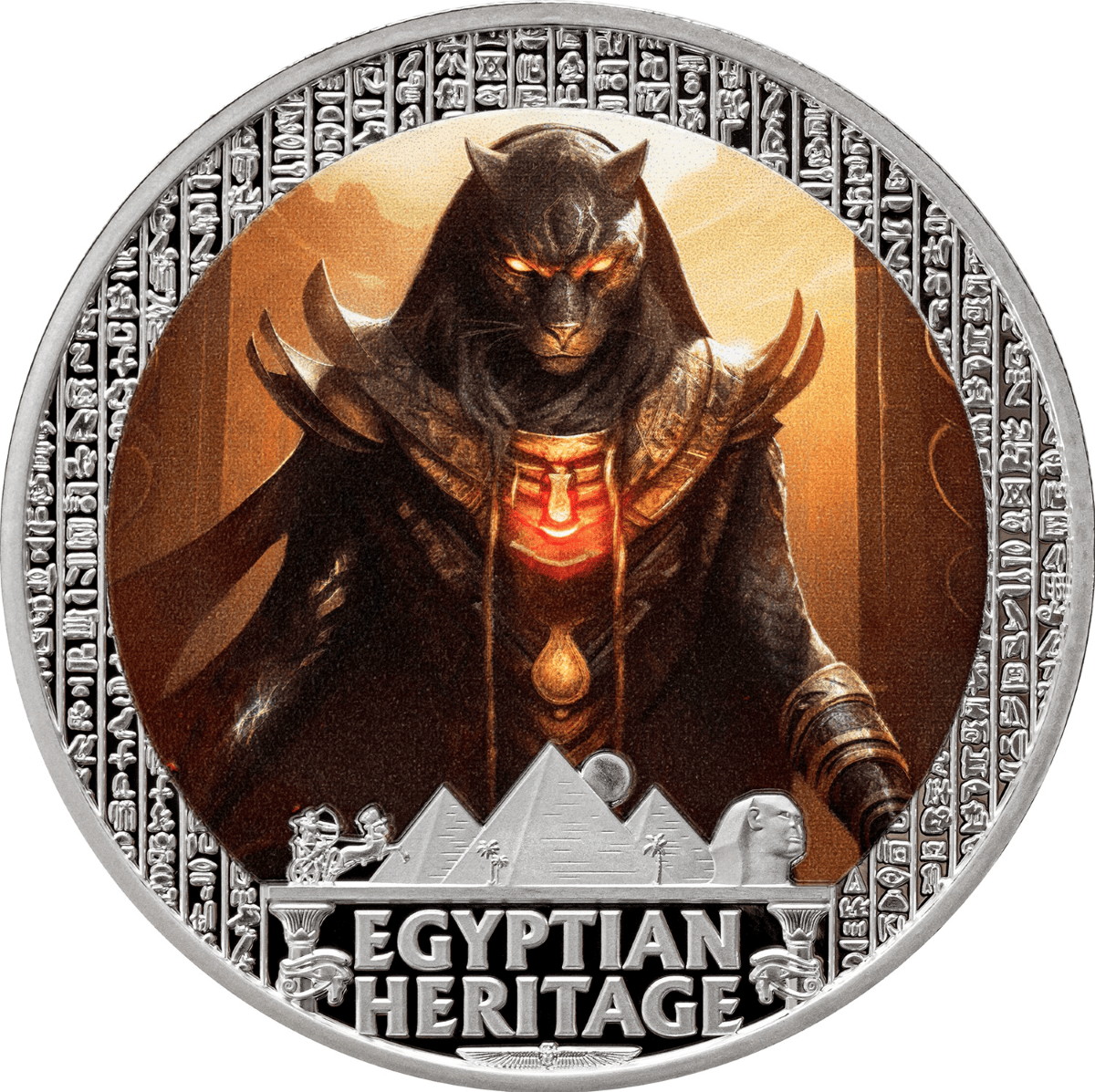Intricately colorized coin featuring an Egyptian-themed design with a black panther in regal attire.