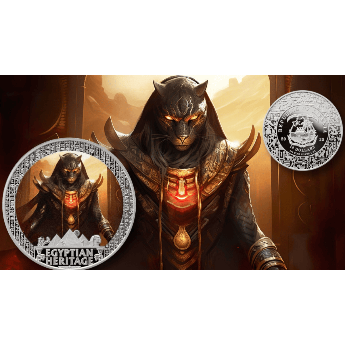 Ancient Egyptian-themed silver proof coin featuring a colorized lion-headed deity with glowing eyes and elaborate Egyptian design elements.