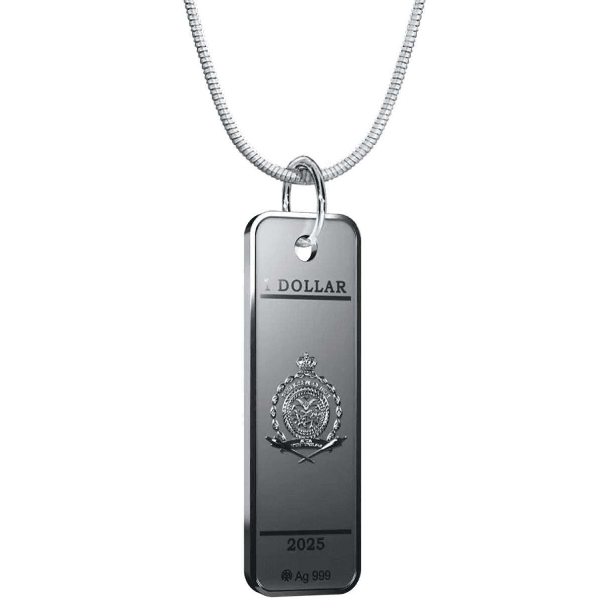 Shiny silver Niue lady liberty pendant coin on a chain with detailed emblem and engraved year 2025.