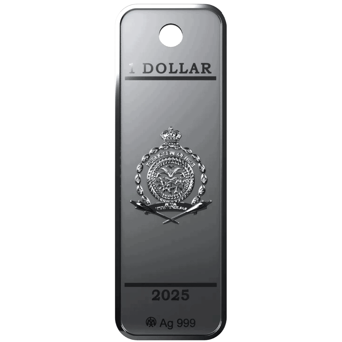 A silver pendant resembling a bar with a lady liberty design and "2025" inscription, featuring the Queen's crown at the top.