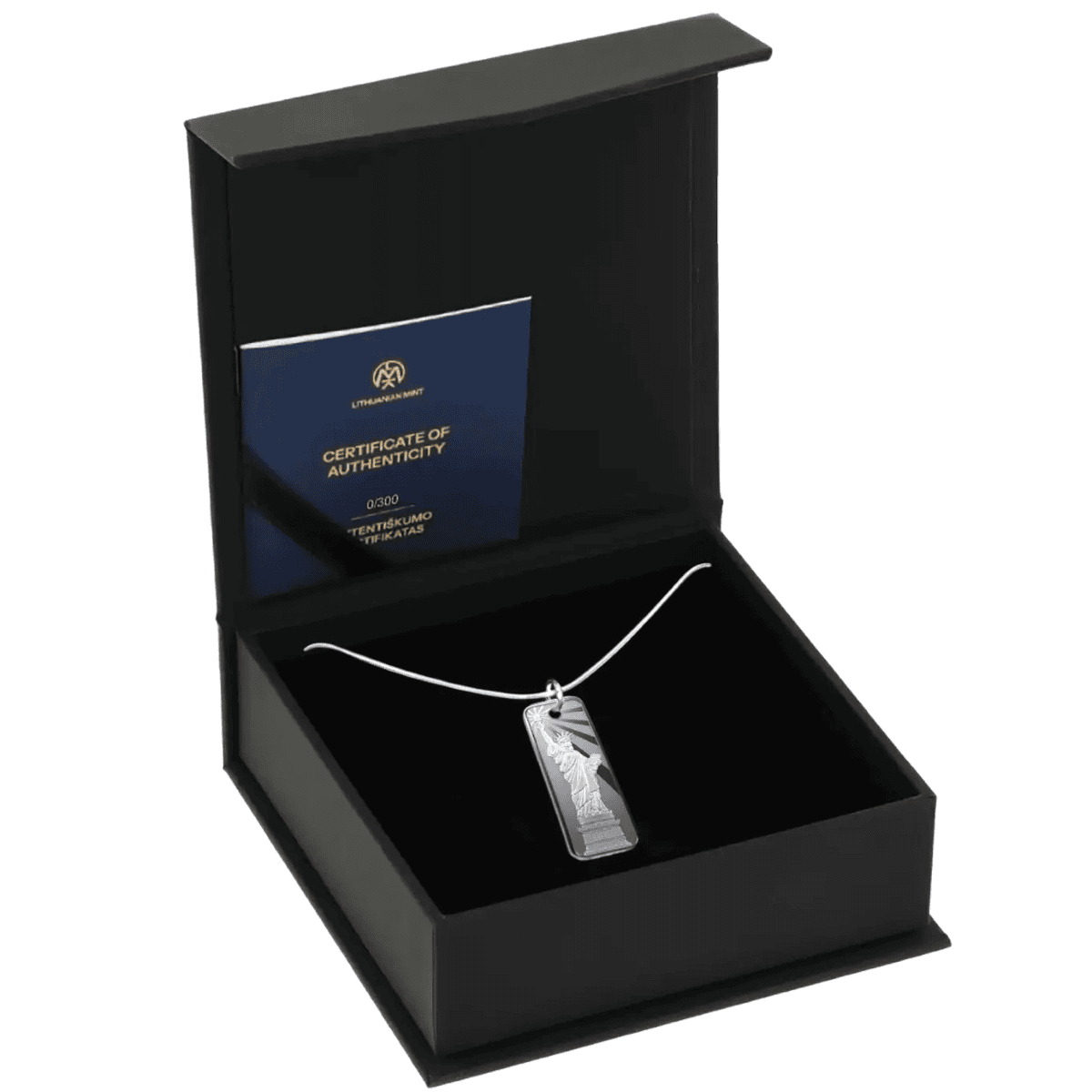 2025 Niue Lady Liberty 3.80 Gram Silver Proof Like Pendant Coin GR Reserve Box from an angled perspective.