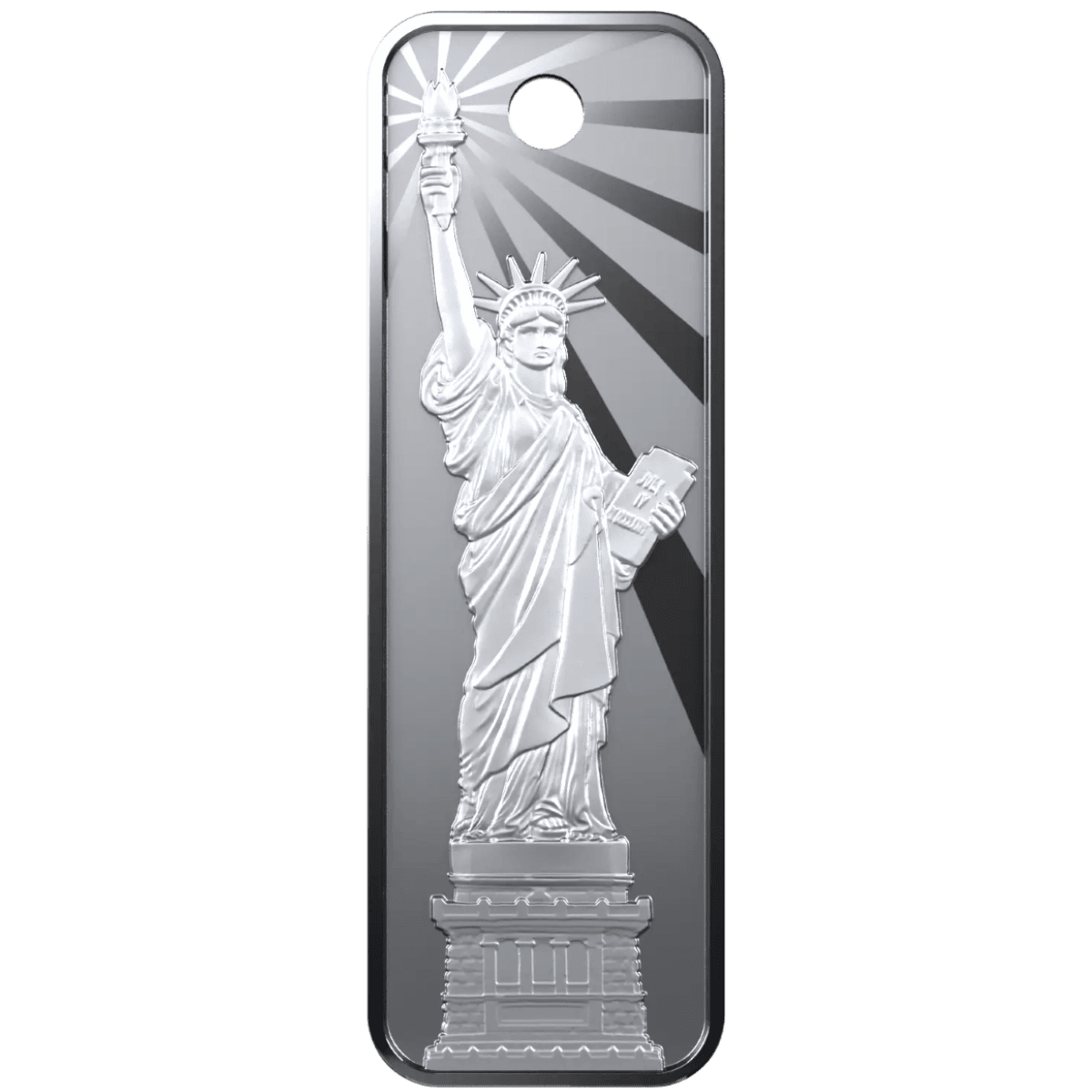 Shiny silver pendant featuring the Statue of Liberty holding a torch and tablet, with radiating sunburst background.