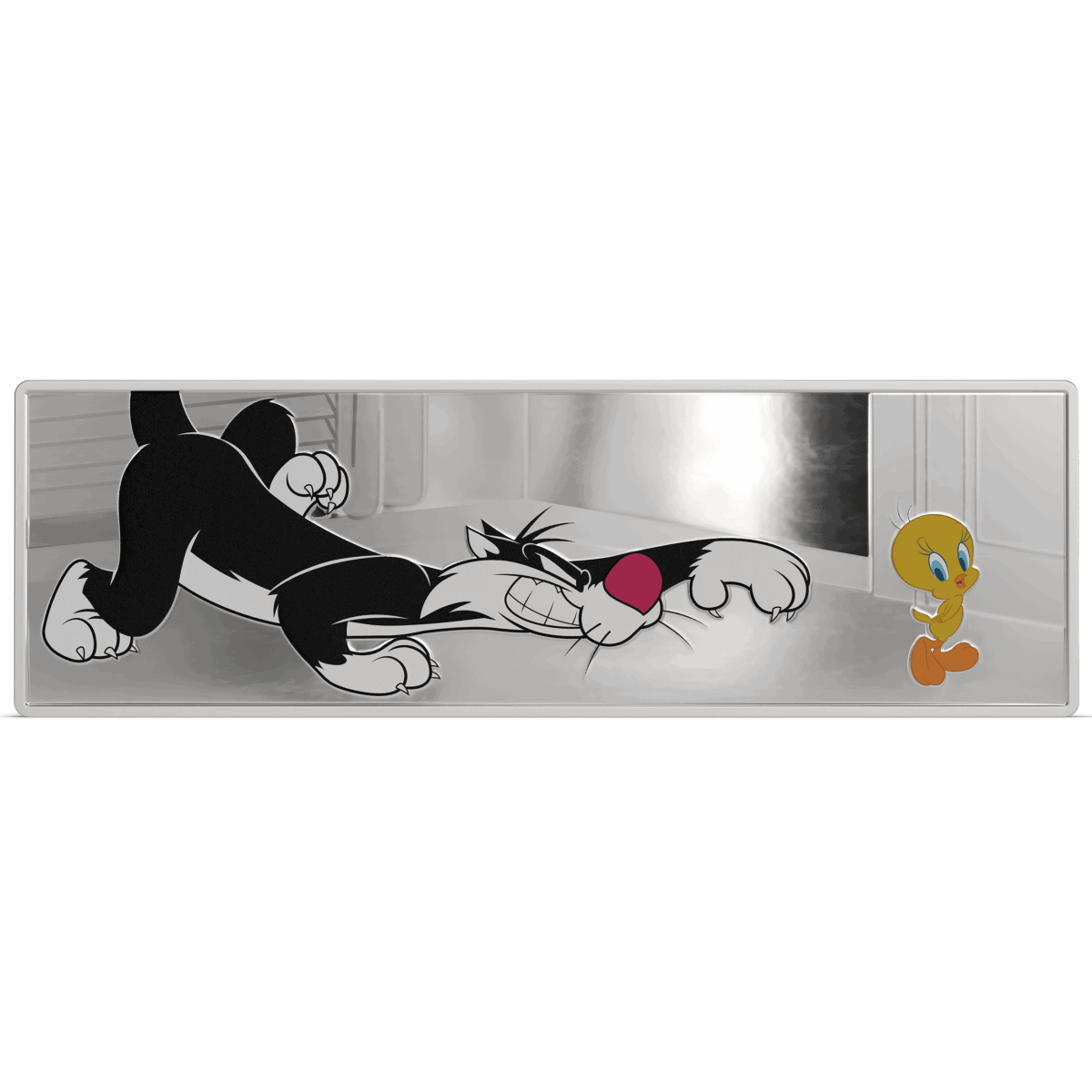 Silver proof coin featuring Sylvester the Cat and Tweety Bird from Looney Tunes, with intricate details and a sleek finish.