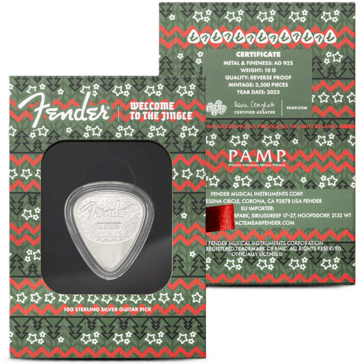 Bright Christmas-themed Fender guitar pick packaging with silver guitar pick, "Welcome to the Jungle" design, and festive details.