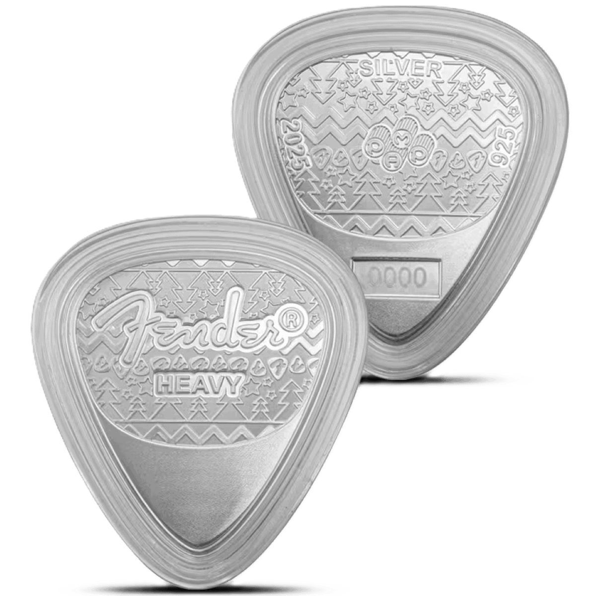 Shiny silver Fender Heavy Guitar Pick with festive holiday and jungle motif, 10 grams sterling silver, collectible music accessory.
